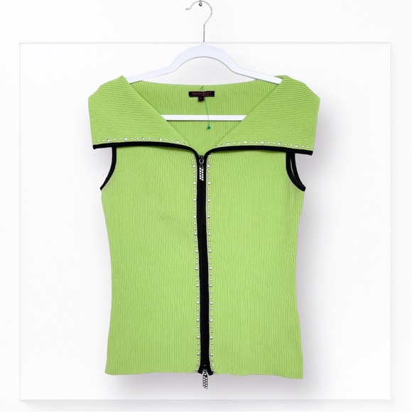 Fontana Knit Sequined Sweater Front Zip Sleeveless Stretch Textured Ribbed - Picture 1 of 9